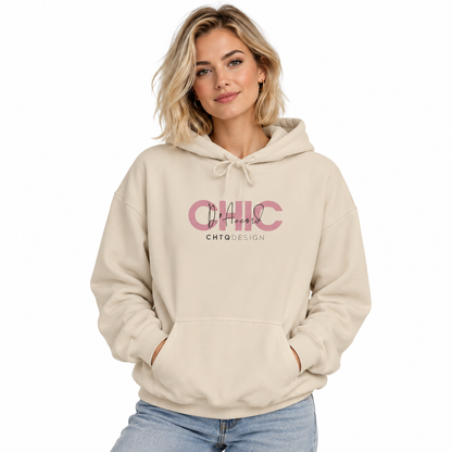 Woman wearing CHIC D’Accord graphic hoodie in sand with light denim jeans