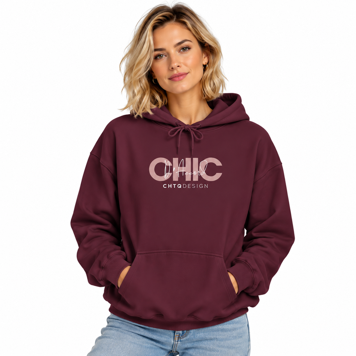 Woman wearing CHIC D’Accord graphic hoodie in maroon with light denim jeans