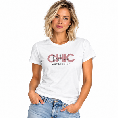 A woman modeling a white short-sleeve graphic t-shirt with 'CHIC D'Accord CHTQ Design' printed in pink and black, paired with light-wash blue jeans against a plain white background.