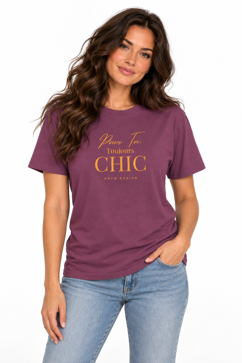 Woman wearing a plum purple CHTQ Design T-shirt with gold “Pour Toi. Toujours CHIC” typography, styled with light blue jeans.
