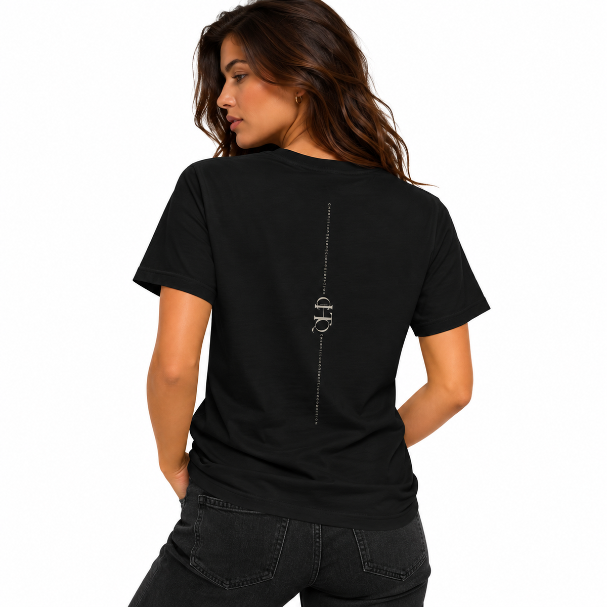 Woman wearing a black CHTQ Design T-shirt shown from the back with vertical CHTQ graphic