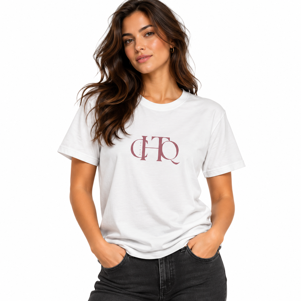Woman wearing a white CHTQ Design graphic T-shirt with minimalist front monogram