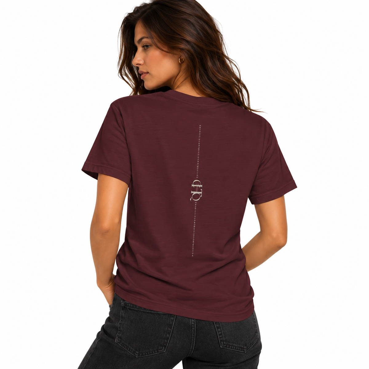 Woman wearing a maroon CHTQ Design T-shirt shown from the back with vertical CHTQ graphic
