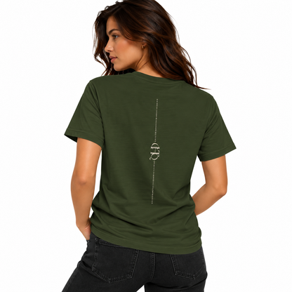 Woman wearing a military green CHTQ Design T-shirt shown from the back with vertical CHTQ graphic