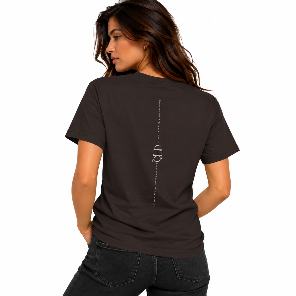 Woman wearing a dark chocolate CHTQ Design T-shirt shown from the back with vertical CHTQ graphic