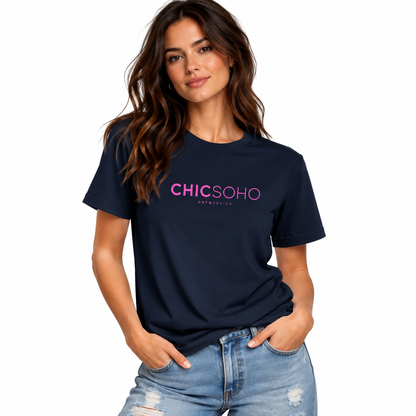 A woman modeling a navy blue short-sleeve t-shirt with 'CHICSOHO' printed in pink across the chest, paired with light-wash distressed jeans against a plain white background.