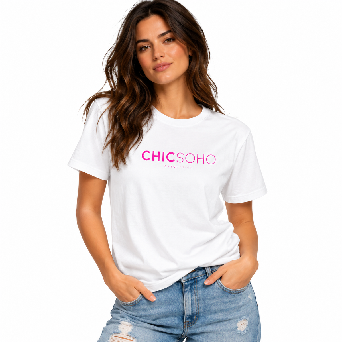 A woman wearing a white short-sleeve graphic t-shirt with 'CHICSOHO' printed in pink across the chest, paired with light-wash distressed jeans, against a plain white background.
