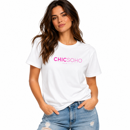 A woman wearing a white short-sleeve graphic t-shirt with 'CHICSOHO' printed in pink across the chest, paired with light-wash distressed jeans, against a plain white background.