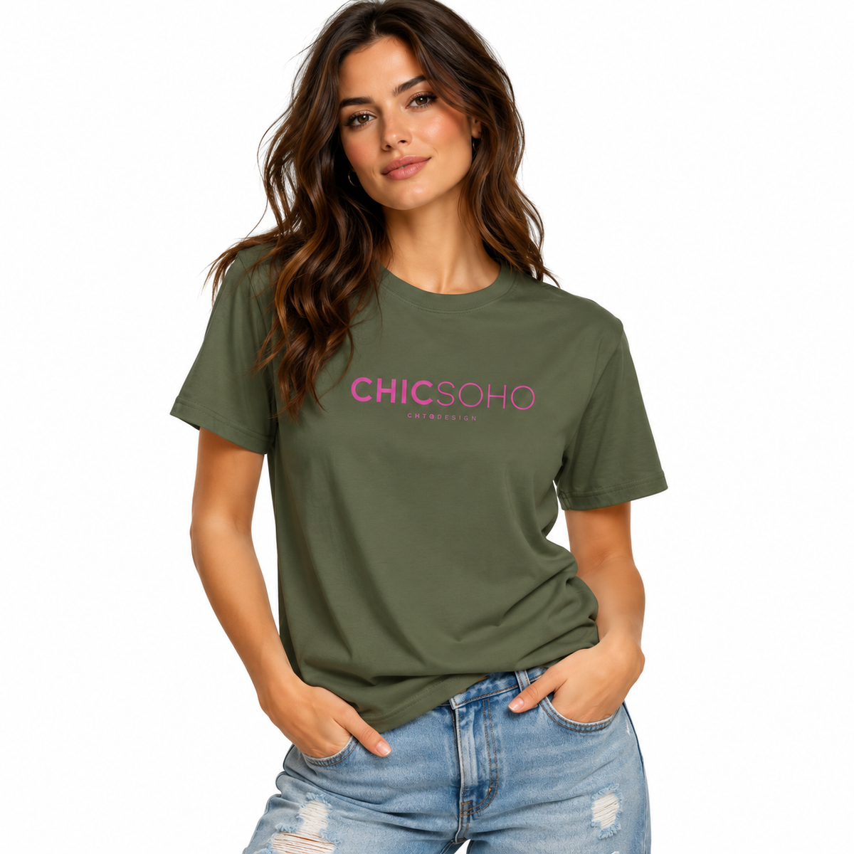 A woman modeling an olive green crewneck t-shirt with 'CHICSOHO' printed in pink across the chest, paired with light-wash distressed jeans against a plain white background.