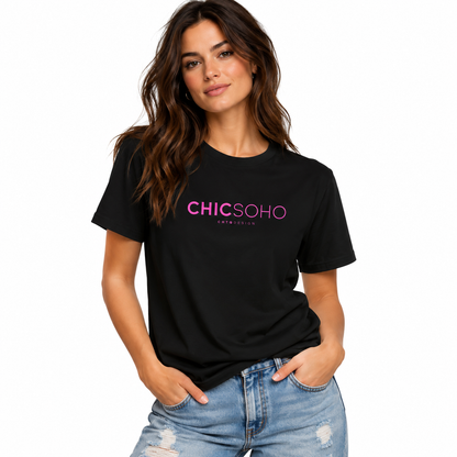 A woman wearing a black short-sleeve graphic T-shirt with 'CHICSOHO' printed in pink across the chest, paired with light blue jeans, against a plain white background.