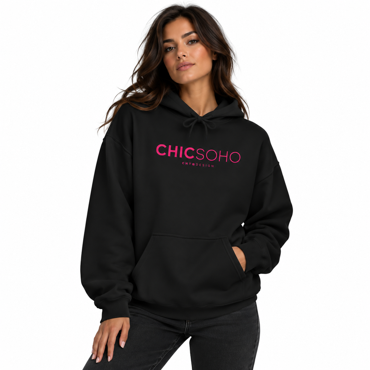 A woman modeling a black pullover hoodie with 'CHICSOHO' printed in pink across the chest, set against a plain white background.