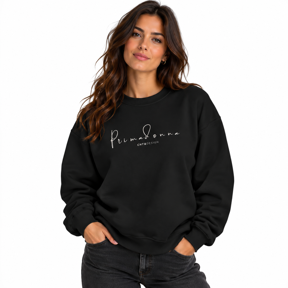 Woman wearing PRIMADONNA by CHTQ Design black crewneck sweatshirt with delicate white script logo on the chest, front view on white background.
