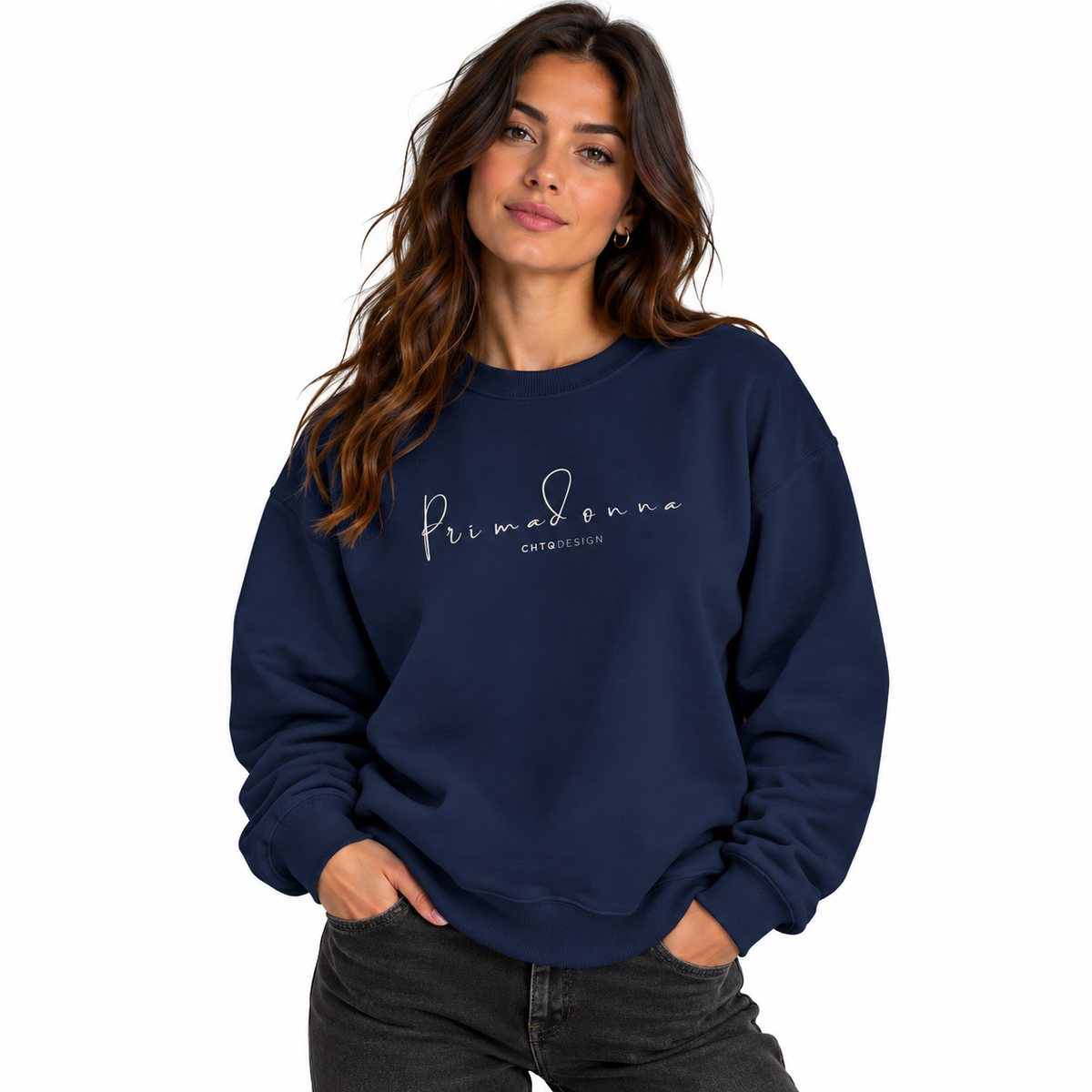 A woman wearing a PRIMADONNA by CHTQ Design navy blue crewneck sweatshirt with delicate white script lettering on the chest, front view on white background.