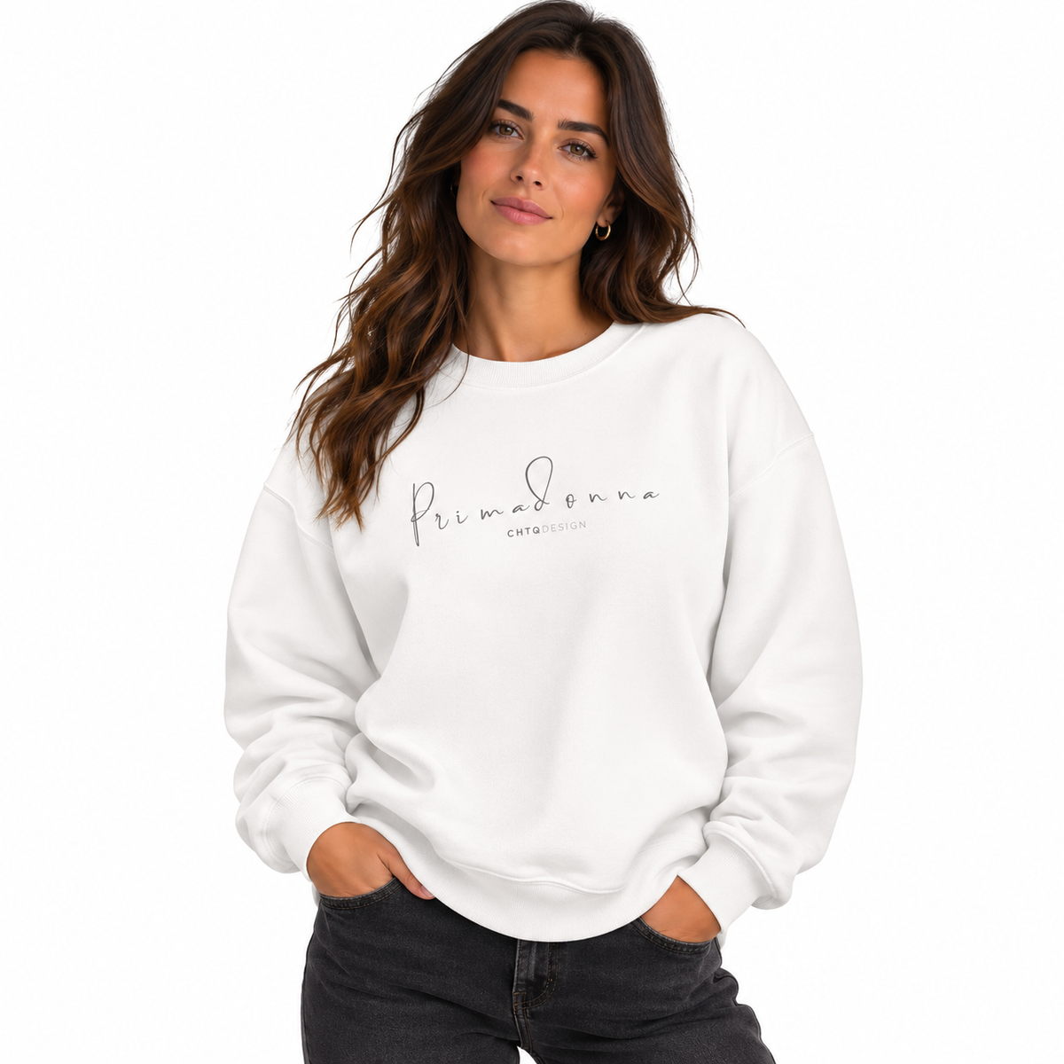 A woman wearing PRIMADONNA by CHTQ Design white crewneck sweatshirt featuring elegant gray handwritten logo on the chest, front view on white background.
