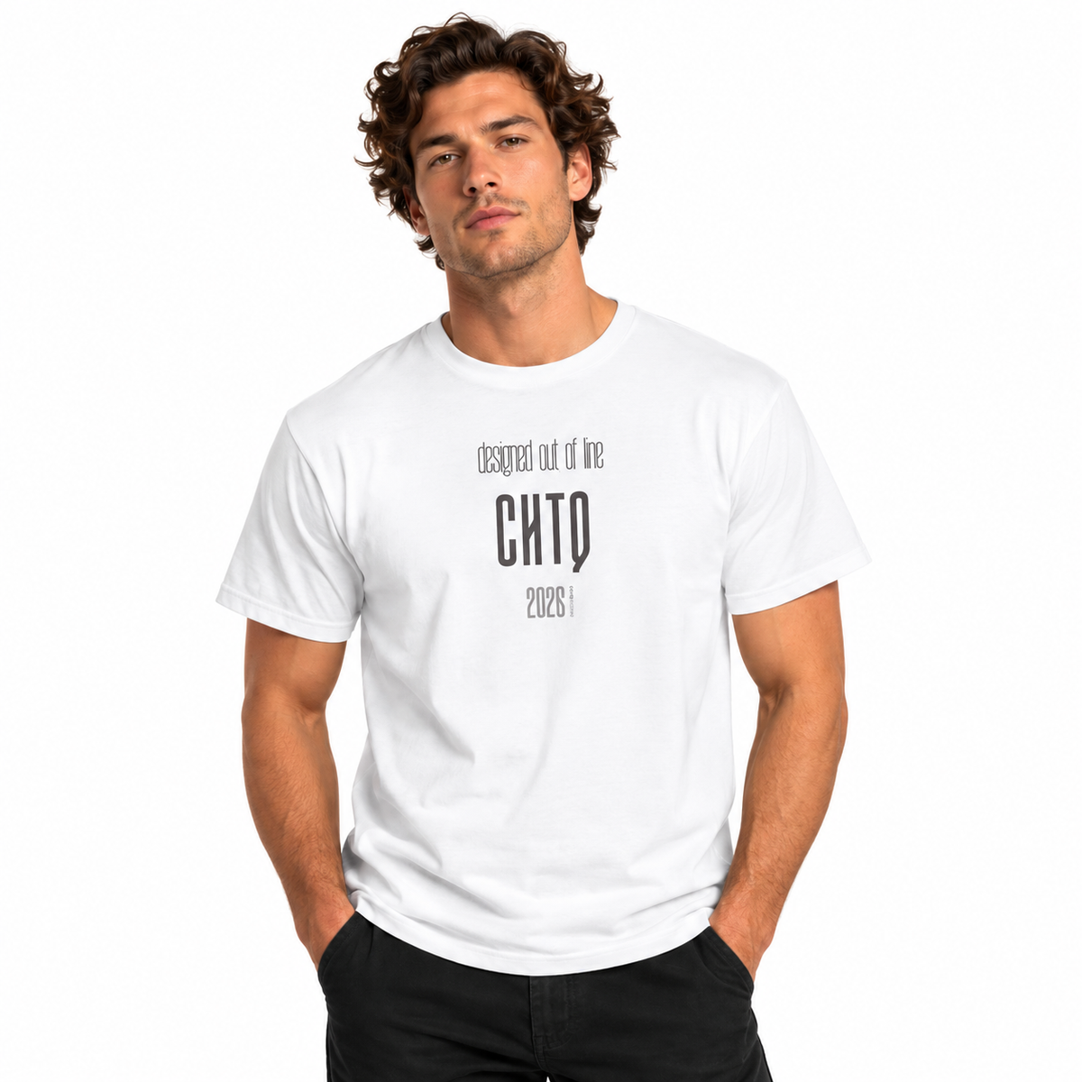 Male model wearing a white Designed Out of Line CHTQ Graphic T-Shirt with gray typography, paired with black trousers against a white studio background.