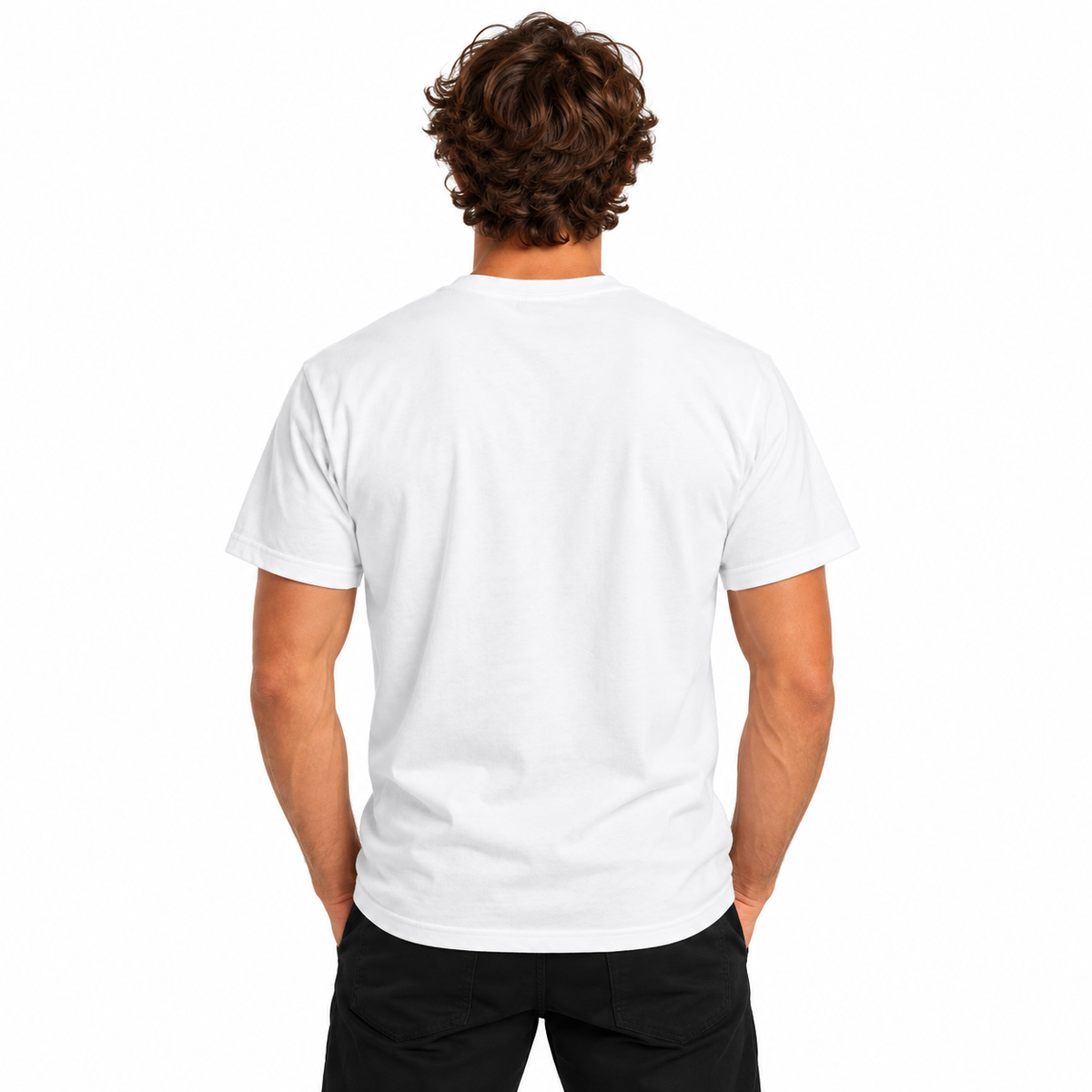 Back view of a male model wearing a white Designed Out of Line CHTQ Graphic T-Shirt with a plain, unprinted back and black trousers against a white studio background.