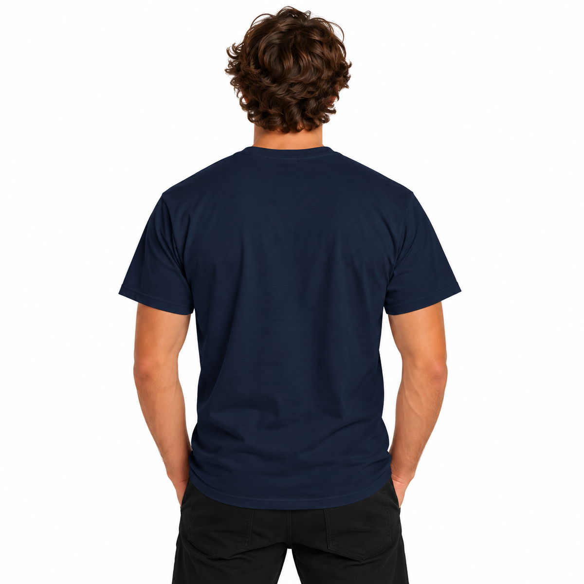 Back view of a male model wearing a navy blue Designed Out of Line CHTQ Graphic T-Shirt with a plain, unprinted back and black trousers against a white studio background.