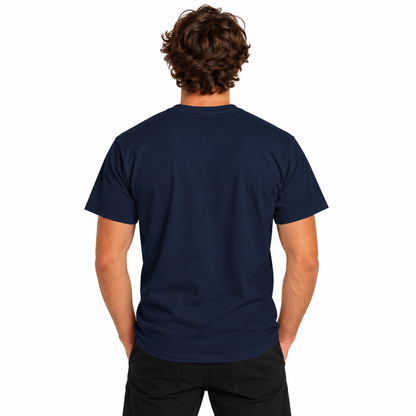 Back view of a male model wearing a navy blue Designed Out of Line CHTQ Graphic T-Shirt with a plain, unprinted back and black trousers against a white studio background.