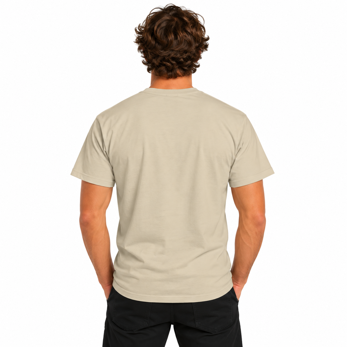 Back view of a male model wearing a sand-colored Designed Out of Line CHTQ Graphic T-Shirt with a plain, unprinted back and black trousers against a white studio background.