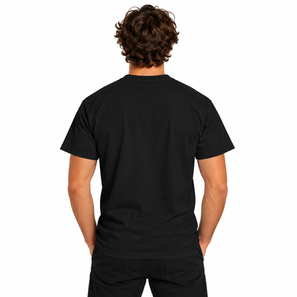 Back view of a male model wearing a black Designed Out of Line CHTQ Graphic T-Shirt with a plain, unprinted back and black trousers against a white studio background.