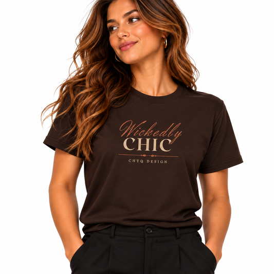 A woman wearing a dark brown short-sleeve t-shirt with a metallic gold graphic that reads 'Wickedly CHIC' and 'CHTQ DESIGN'.