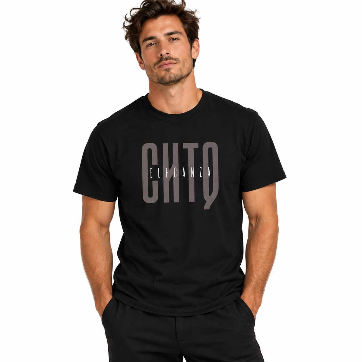 A man wearing a black crewneck t-shirt with a large gray graphic print reading 'CHTQ' and 'ELEGANZA' across the chest, posed against a solid white background.