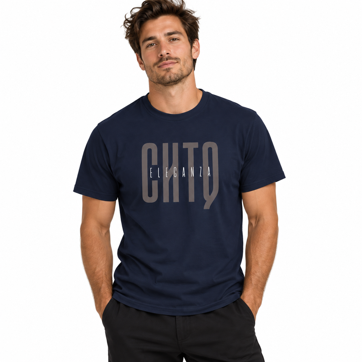 A man wearing a navy blue crewneck t-shirt with a large gray graphic print reading 'CHTQ ELEGANZA' across the chest, paired with black pants, set against a plain white background.