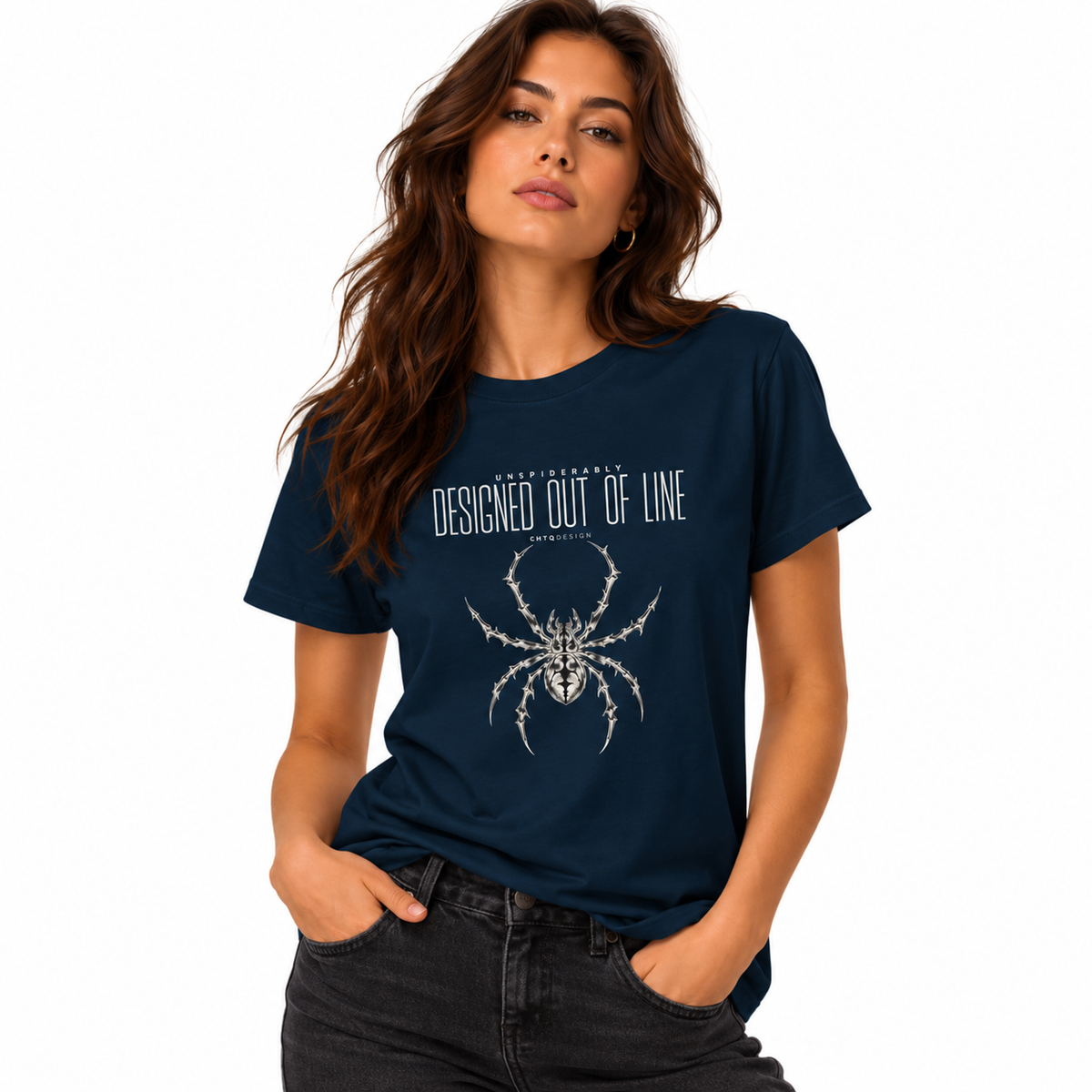 Woman wearing a midnight navy UNSPIDERABLY Designed Out of Line spider graphic T-shirt with black jeans in a white studio