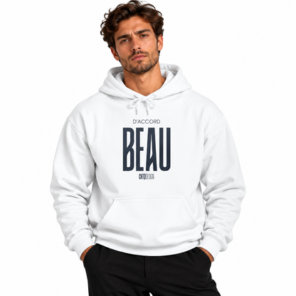 A man wearing a white pullover hoodie with 'D'ACCORD BEAU' printed in navy blue on the chest, paired with black pants, against a plain white background.