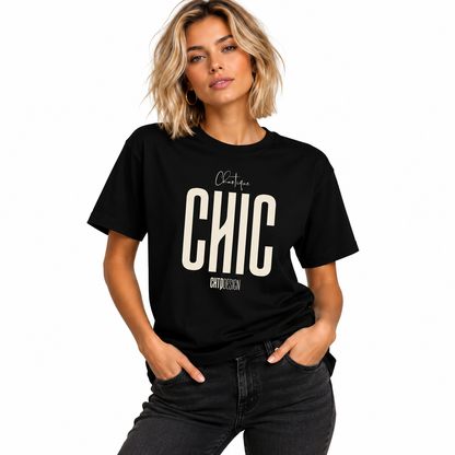 Woman modelling a black CHAOTIQUE CHIC oversized T-shirt with cream graphic print