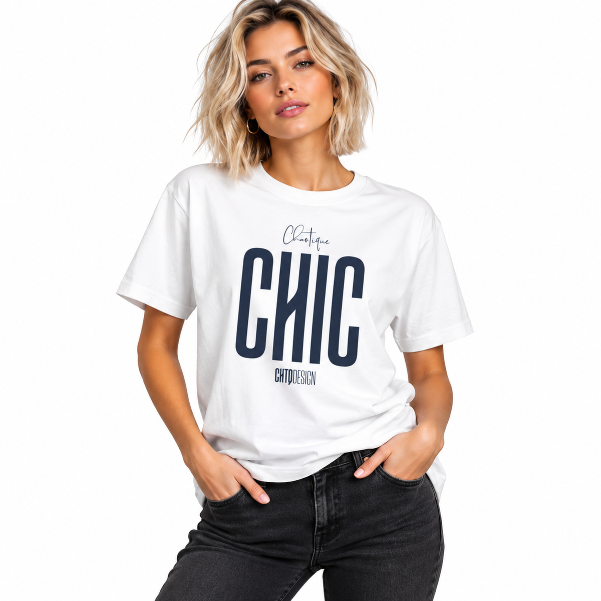Woman modelling a white CHAOTIQUE CHIC oversized T-shirt with navy front graphic