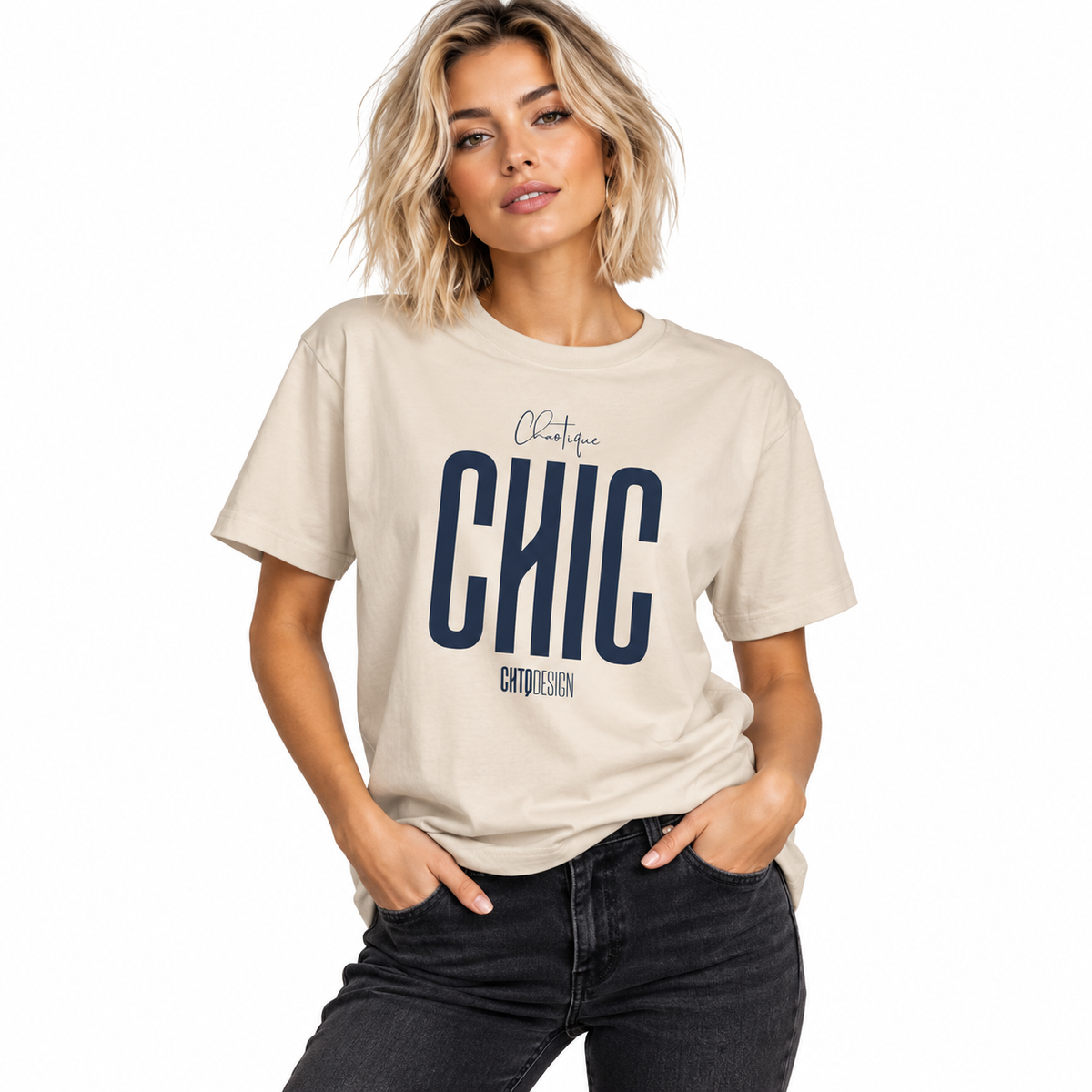 Woman wearing an ecru CHAOTIQUE CHIC oversized graphic T-shirt with navy typography