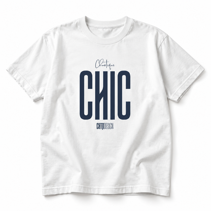 CHAOTIQUE CHIC oversized white T-shirt featuring navy CHIC typography and Chaotique script