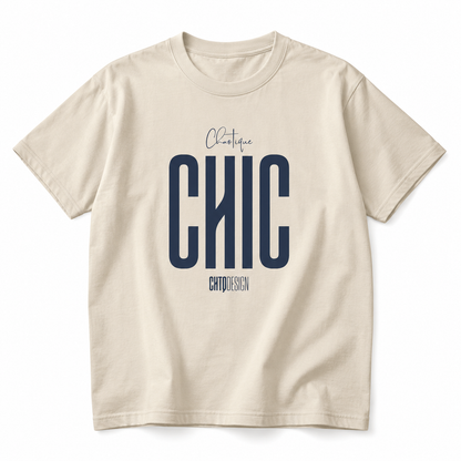 Woman wearing an ecru CHAOTIQUE CHIC oversized graphic T-shirt with navy typography