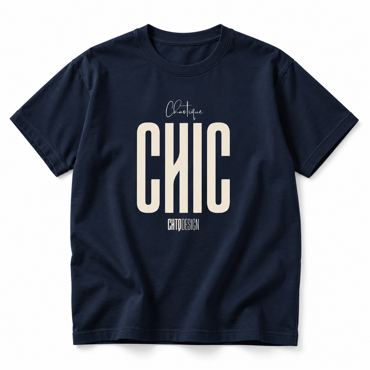 CHAOTIQUE CHIC oversized navy T-shirt with cream CHIC graphic and CHTQ Design detailing