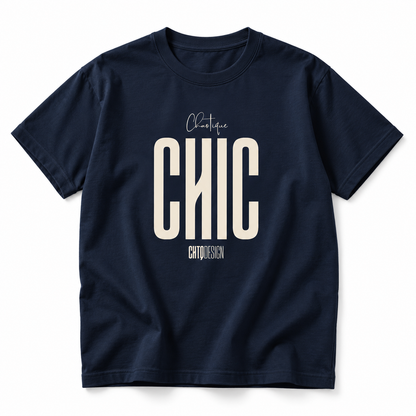 CHAOTIQUE CHIC oversized navy T-shirt with cream CHIC graphic and CHTQ Design detailing