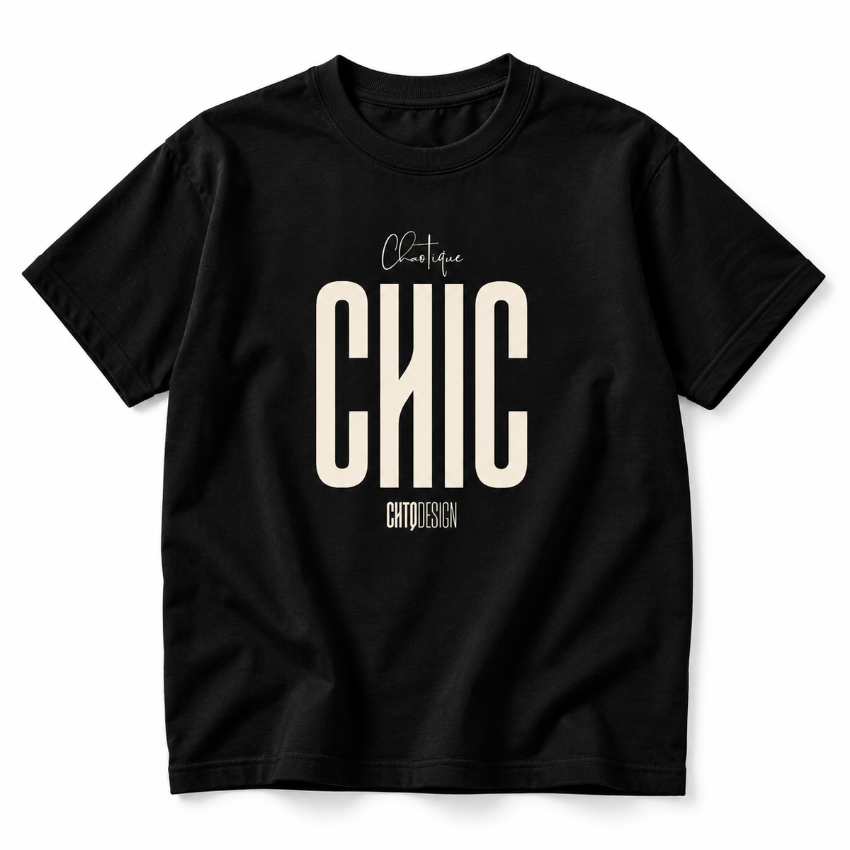 CHAOTIQUE CHIC oversized black T-shirt featuring cream CHIC typography and Chaotique script