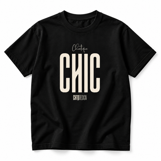 CHAOTIQUE CHIC oversized black T-shirt featuring cream CHIC typography and Chaotique script