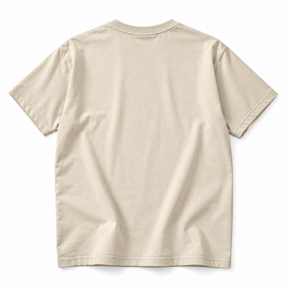 Backview of CHAOTIQUE CHIC oversized T-shirt in ecru with navy CHIC graphic and CHTQ Design lettering