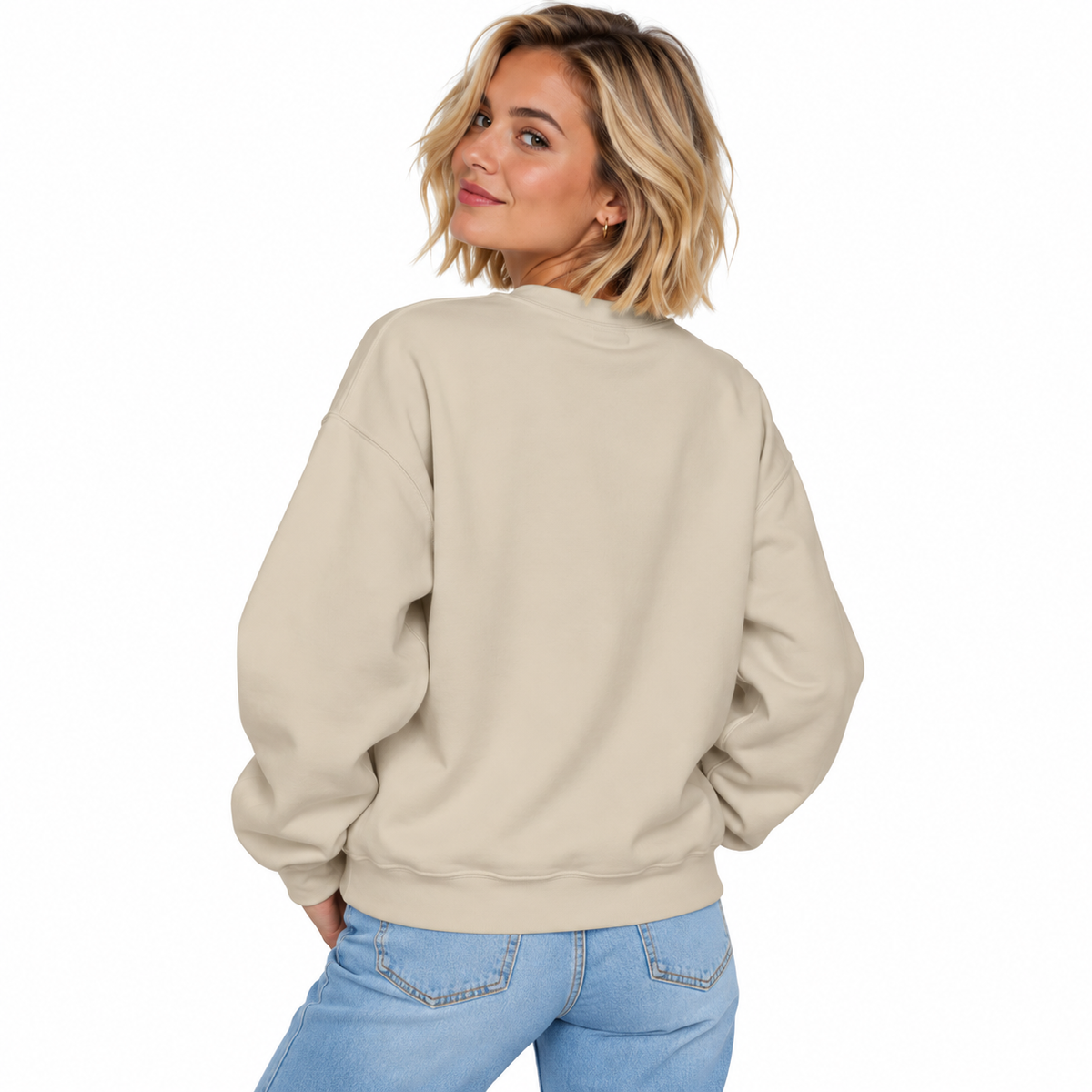 Sand LA VIE CHAOTIQUE crewneck sweatshirt featuring bold magenta front lettering