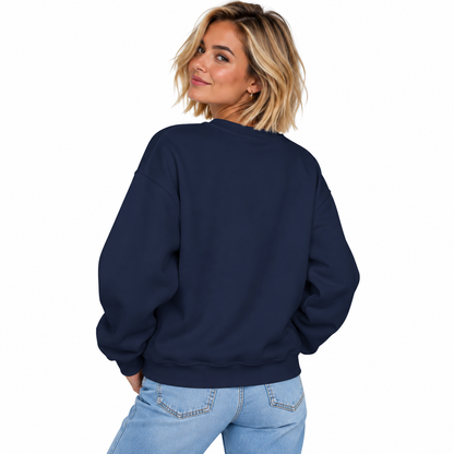 Woman modelling the plain back of navy LA VIE CHAOTIQUE crewneck sweatshirt