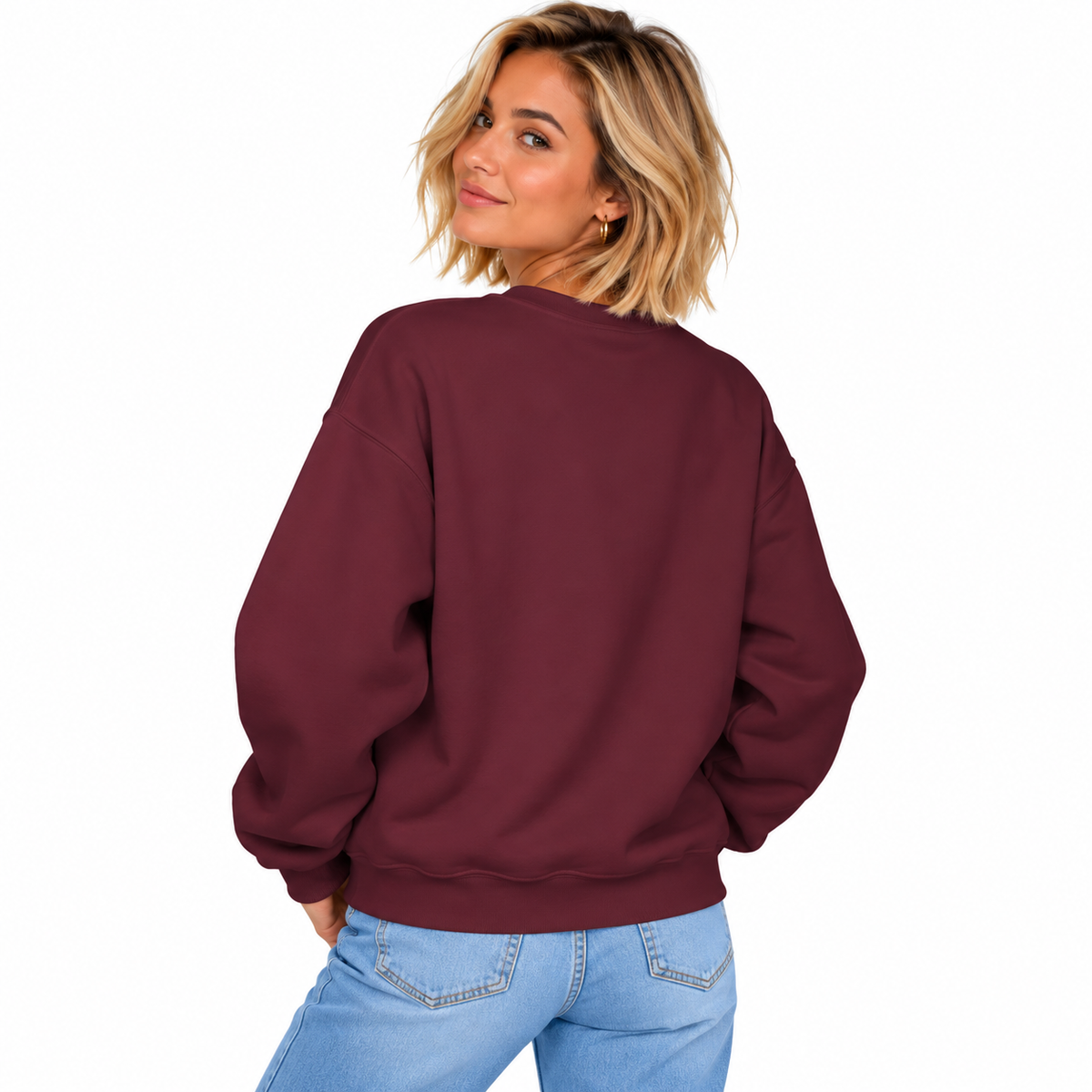 Woman modelling the plain back of maroon LA VIE CHAOTIQUE crewneck sweatshirt