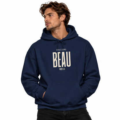 Man wearing a navy blue D'Accord BEAU' hoodie