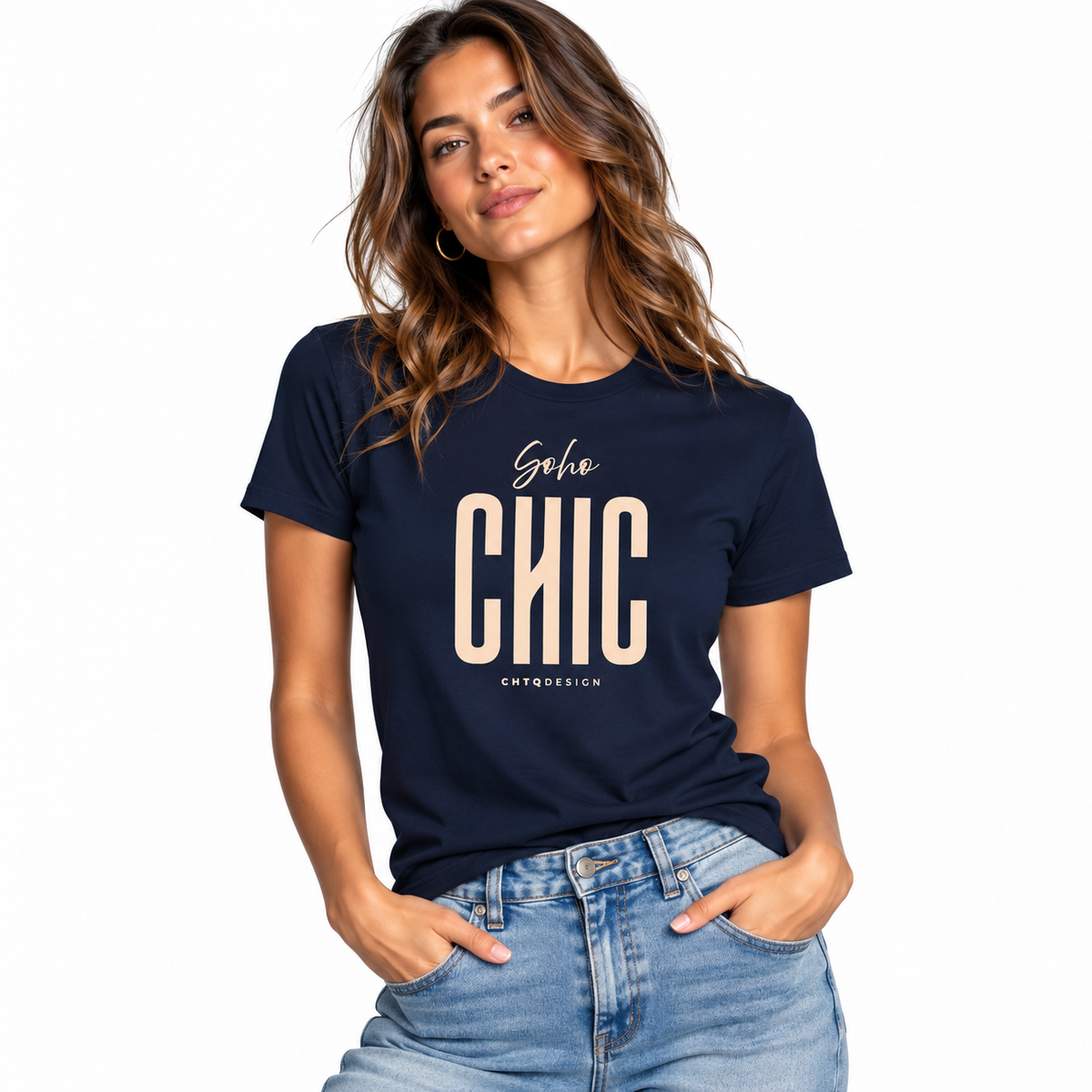 A woman wearing a navy blue graphic t-shirt with 'soho CHIC' printed on the front, paired with light wash blue jeans, set against a plain white background.