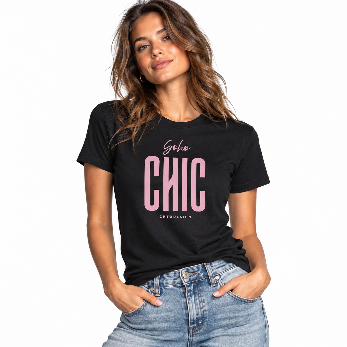 A woman wearing a black short-sleeve graphic T-shirt with pink text reading 'soho CHIC' and light blue jeans, photographed against a clean white studio background.