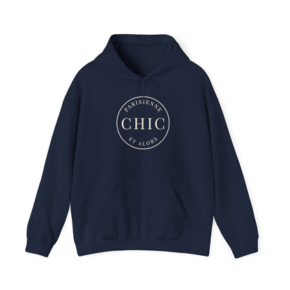A navy blue hoodie featuring a cream circular “PARISIENNE CHIC ET ALORS” graphic on the front, displayed against a clean white background.