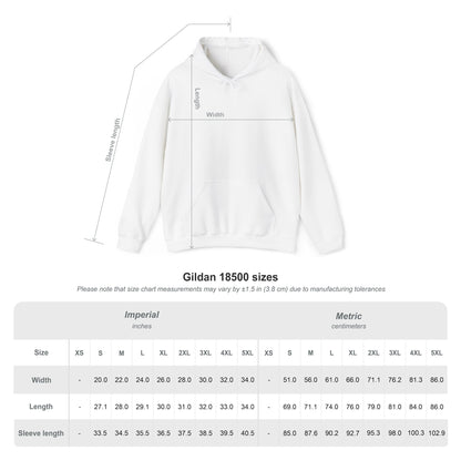 Gildan 18500 hoodie size chart with width, length, and sleeve length measurements in inches and centimeters.
