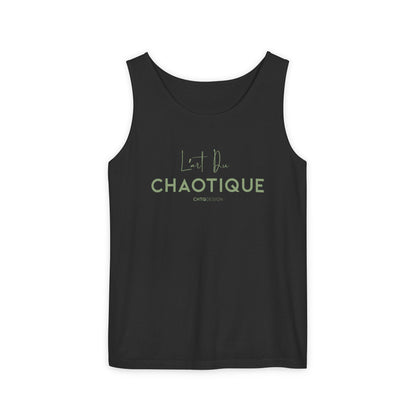 A black sleeveless tank top with a light green graphic print on the front reading 'L'art Du CHAOTIQUE' and 'CHTQDESIGN', displayed against a plain white background.