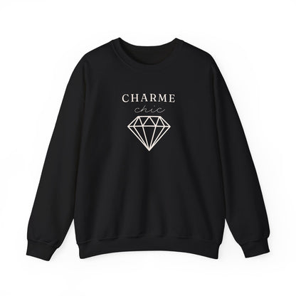 A black crewneck sweatshirt featuring a light “CHARME chic” graphic with a diamond outline on the front, displayed against a clean white background.