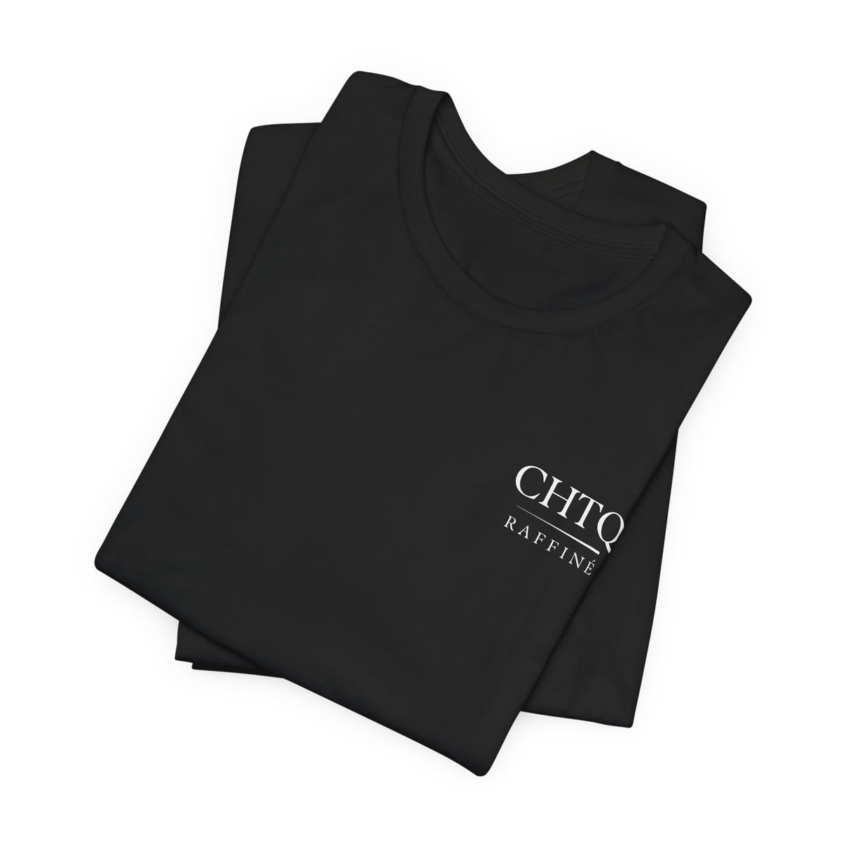 Folded black t-shirts with a logo CHTQ Raffine, on a white background